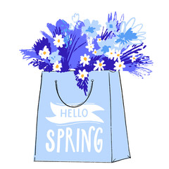 Bouquet of wild flowers in paper bag with hand lettering hello spring. Camomile bunch and different blue leaves and florals.