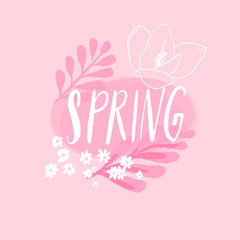 Spring handwritten word decorated with pastel pink flowers and branches, line sketch of crocus and chamomile. Cute feminine banner for spring offers, sale and socail media.