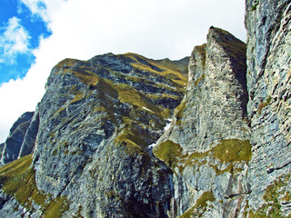 Steep picturesque rocks Falknistürm (Falknisturm or Falknistuerm) in the Ratikon border mountain...