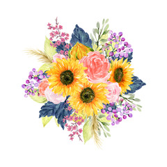 Watercolor beautiful elegant vintage spring summer flower rose sunflower wildflower bouquet hand painted