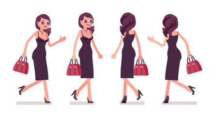 Glamour girl walking, beautiful woman wearing sexy and attractive clothing, classic appealing black dress. Cocktail party or evening ceremony event fashion. Vector flat style cartoon illustration