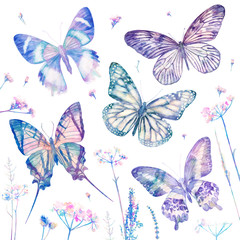Fototapeta na wymiar Watercolor butterflies isolated on white background with flowers. Big floral bright set. Abstract colorful illustration blue collection