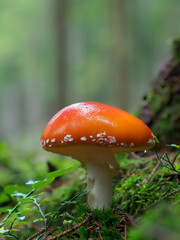 Amanita Muscaria, poisonous mushroom. Photo has been taken in the natural forest background, one spotted toadstools in the woods.