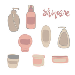Skin care cosmetic hand drawn vector illustration. Cream, parfume, Serum drop and Face gel or lotion icons. 24 hour face care cream protection. Medical skin cosmetic.