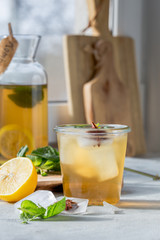 Kombucha or cider fermented drink in bottle. Heathy probiotic drink