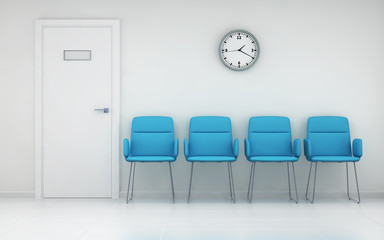 Bright hospital lobby with a door and chairs for patients waiting for the doctor visit. 3d rendering