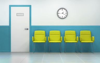 Bright hospital lobby with a door and chairs for patients waiting for the doctor visit. 3d rendering
