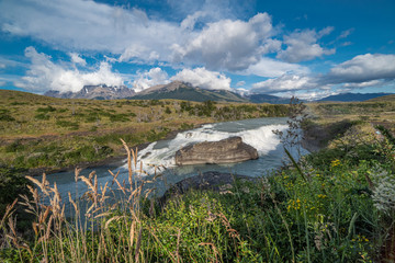 Paine Cascade (Cascada Rio Paine waterfall) in Torres Del Paine National Park , Chile.