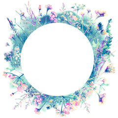 Blue Watercolor Greeting Card with Blooming Flowers and Birds. Background with Place for Your Text. Herbal, Wildflowers, Illustration art