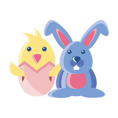 chick and rabbit on white background