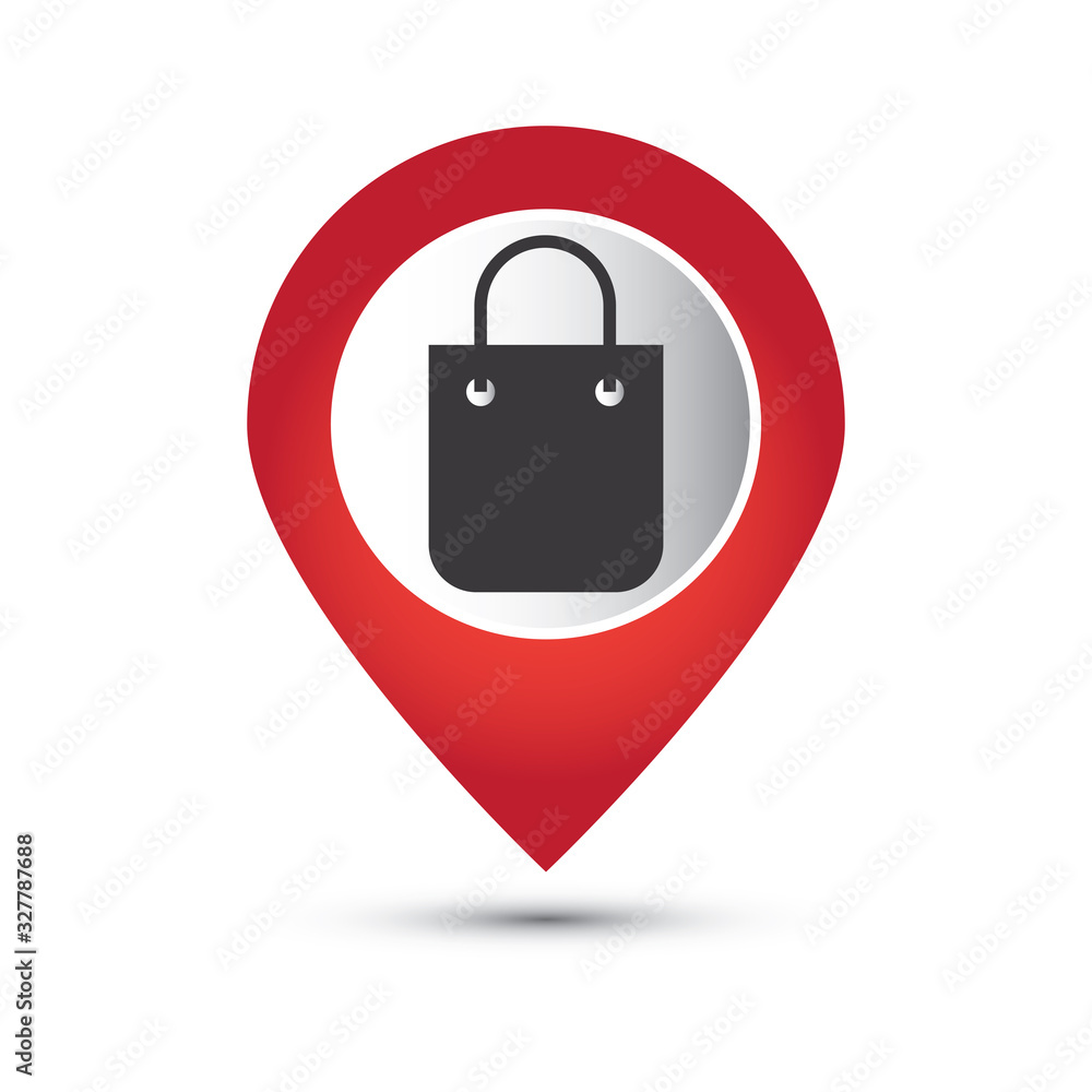 Poster map pointer with shopping bags icon.