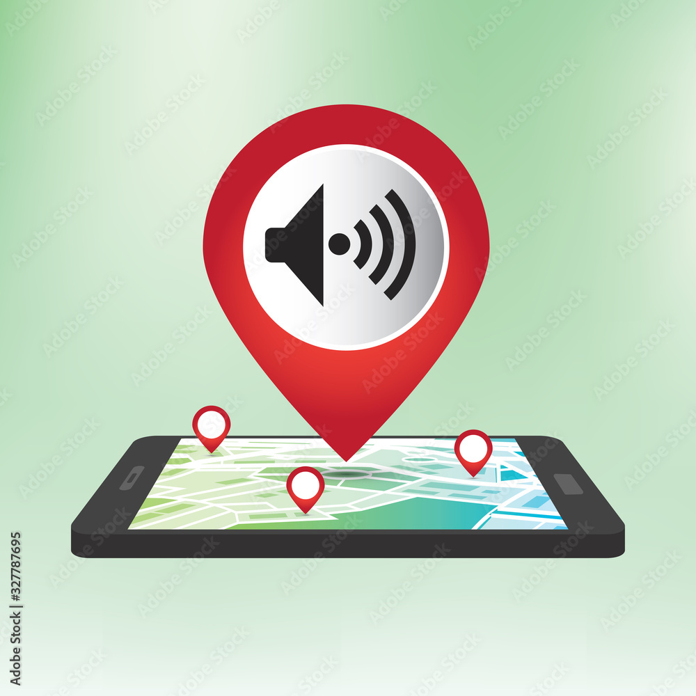 Poster sound, pin pointer on map location on gradient background