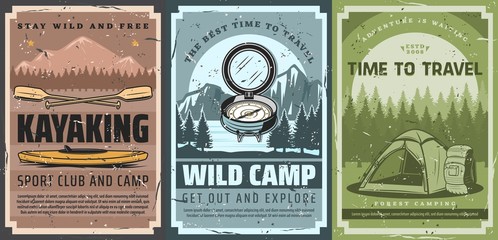 Hiking, forest camping and kayaking outdoor adventure, sport tourism and trekking travel vintage retro posters. Vector mountaineering camper tent, tourist wanderlust compass and backpack, - obrazy, fototapety, plakaty