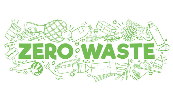 Title Zero waste with ecological objects. Food, containers, bottles. Hand drawn outline vector sketch illustration