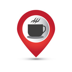 Map pointer with hot coffee cup icon.