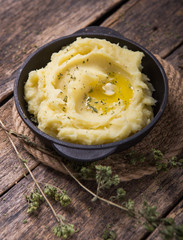 Fresh homemade creamy mashed potato or  potato puree in pan