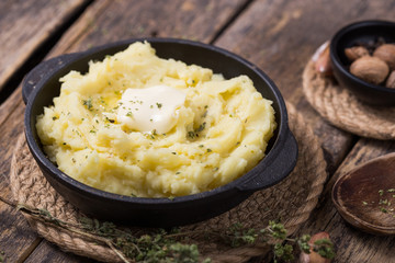 Fresh homemade creamy mashed potato or  potato puree in pan