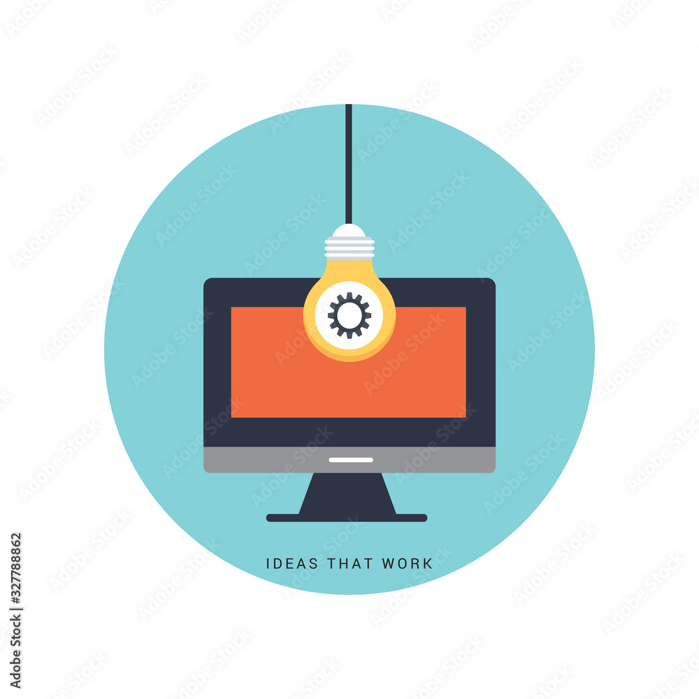 Poster flat design business concept creative idea with light lamp bulb and computer