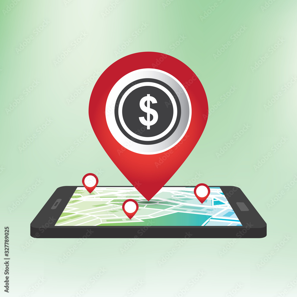Poster dollar map pin navigation pointer. location marker vector symbol