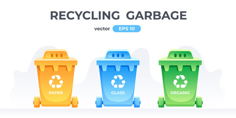 Segregation and recycling. Containers for garbage and trash. Rubbish bins for sorting different types of waste. Multi-colored cans. Simple modern design. Flat style vector eps10 illustration.