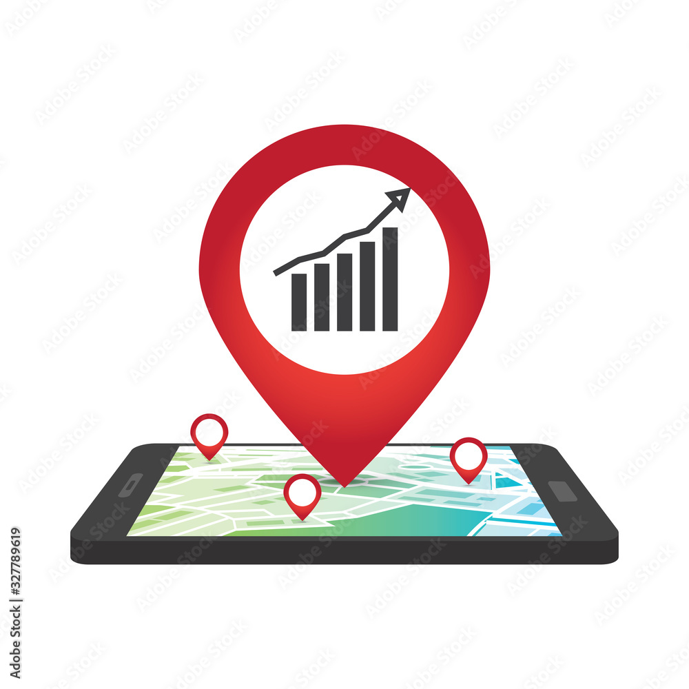 Poster growth graph outline pin map icon. finances sign. map pointer.