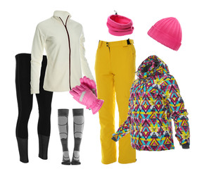 Collection of stylish winter sports clothes on white background