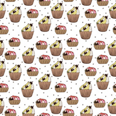 Seamless pattern with hand drawn cupcakes with cherry and strawberry on a white background. Doodle, simple outline illustration. It can be used for decoration of textile, paper and other surfaces.