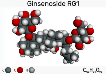 Ginsenoside Rg1 molecule. It is one of the major active components of ginseng, ameliorates cigarette smoke-induced airway fibrosis. Molecular model