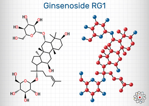Ginsenoside Rg1 molecule. It is one of the major active components of ginseng, ameliorates cigarette smoke-induced airway fibrosis. Sheet of paper in a cage