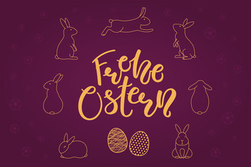 Naklejka premium Card, invite, banner design with cute rabbits, eggs, German text Frohe Ostern, Happy Easter. Gold on purple background. Vector illustration. Concept for holiday celebration decor element. Line drawing