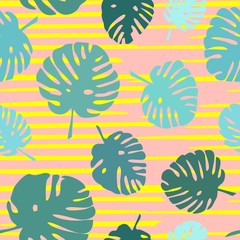 Tile tropical vector pattern with green exotic leaves on pink and yellow background