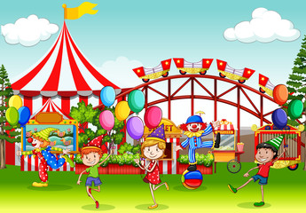 Scene with many children having fun in the circus fair