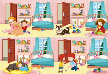 Four scenes of bedrooms with kids and pet