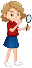 Girl in red shirt holding magnifying glass on white background