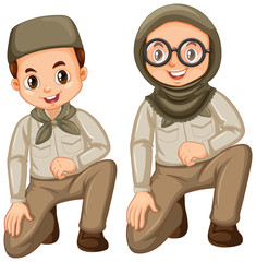 Boy and girl in scout uniform on white background