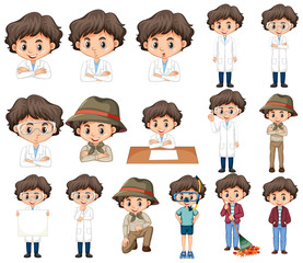 Set of boy doing different activities on white background