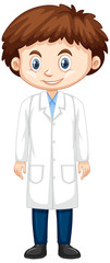 Happy boy wearing lab gown on white background