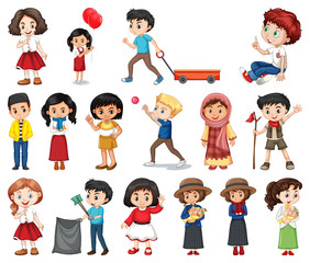 Large set of boys and girls doing different activity on white background