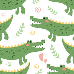 Seamless pattern with crocodiles. Decorative scandinavian vector template for children's clothing design, interior, Wallpaper, greeting cards, banners, home decoration.