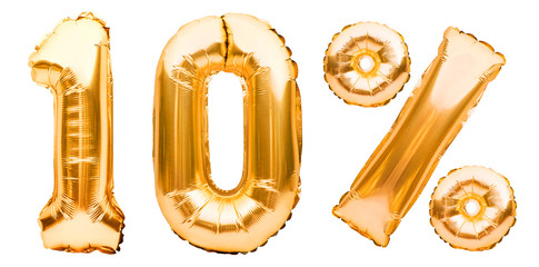 Golden ten percent sign made of inflatable balloons isolated on white. Helium balloons, gold foil...
