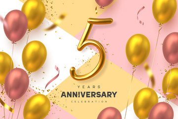 5 years anniversary celebration banner. 3d handwritten golden metallic number 5 and glossy balloons with confetti. Vector realistic template.