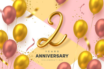 2 years anniversary celebration banner. 3d handwritten golden metallic number 2 and glossy balloons with confetti. Vector realistic template. - obrazy, fototapety, plakaty