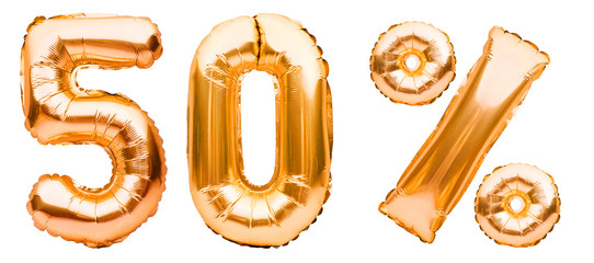 Golden fifty percent sign made of inflatable balloons isolated on white. Helium balloons, gold foil...