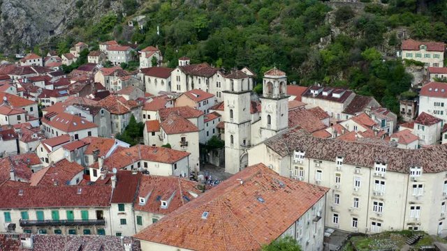 architectural masterpiece Saint Tryphon Cathedral in Old Town of Kotor (point of interest, aerial)