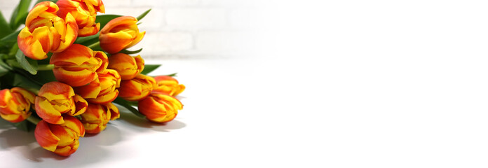 Obraz premium Happy holiday greeting card concept. Isolated white background. Flowers are located on the side. Place for text
