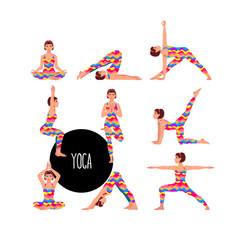 Set with beautiful woman exercising various different yoga poses training