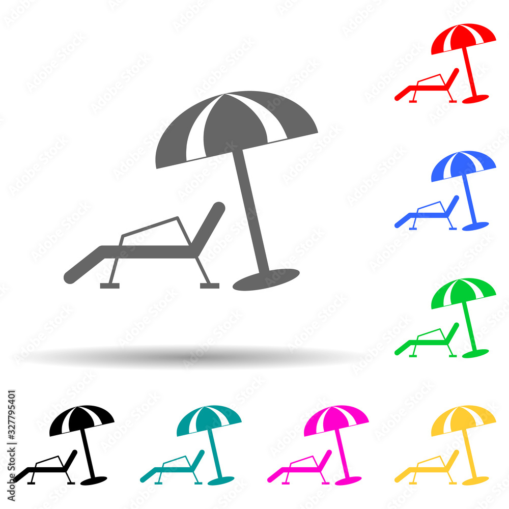 Poster beach chaise longue and umbrella multi color style icon. simple glyph, flat vector of summer pleasur