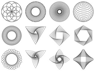 Spirograph decorative elements set. Vector geometric shapes.