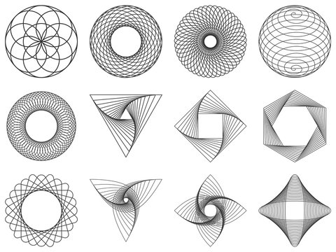 Spirograph decorative elements set. Vector geometric shapes.