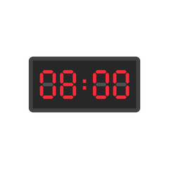Digital black alarm clock displaying 8:00 o'clock. Clipart image isolated on white background